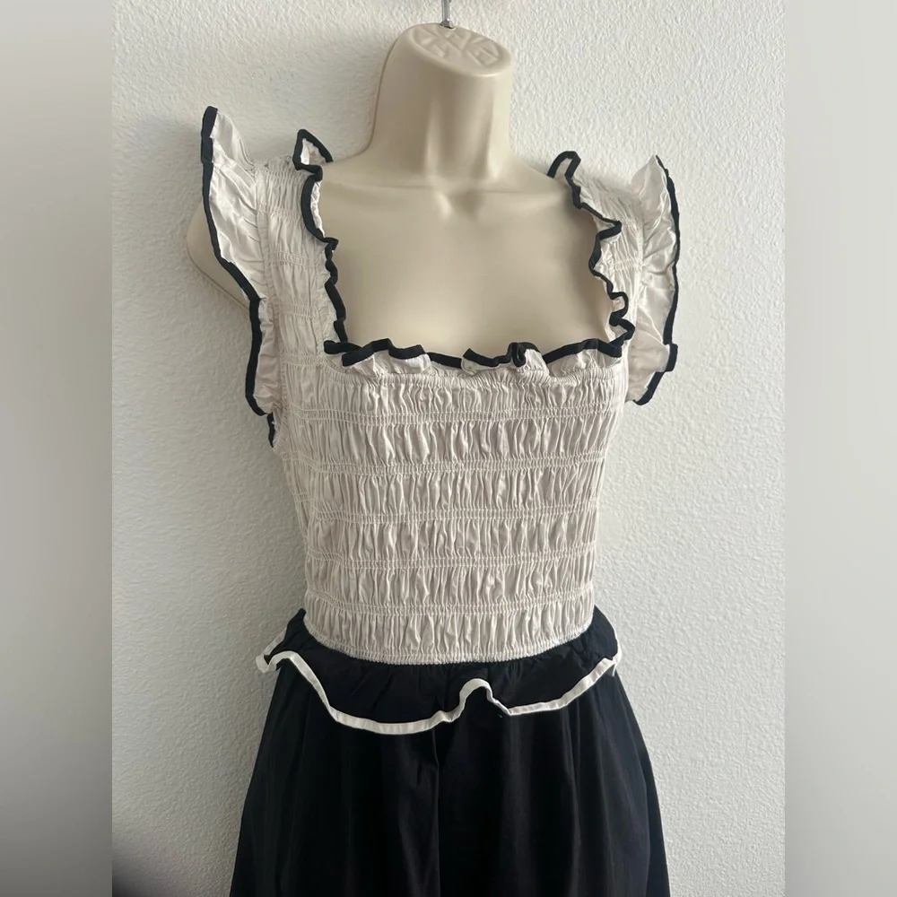 Free People Black and Cream Smocked Midi Dress
